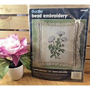 Golden Blossoms Stamped Bead Embroidery Bucilla Pillow Kit 12 in sq + Ruffle NEW
